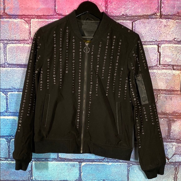 BLANKNYC Black L Studded Grommet Bomber Jacket O-Ring Zip Streetwear Punk Style - Picture 1 of 8